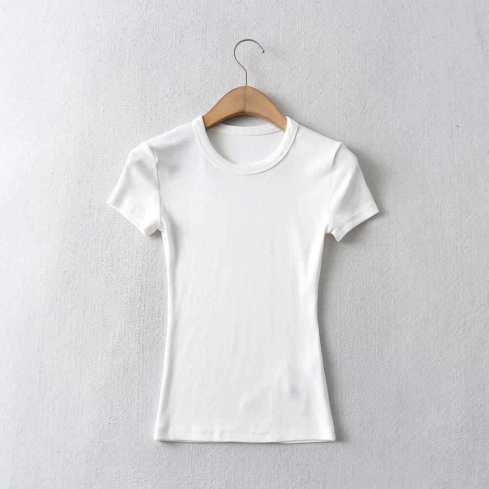 Europäisches und amerikanisches Damen-T-Shirt mit einfarbigem Slim-Fit-Retro-Kurzarm