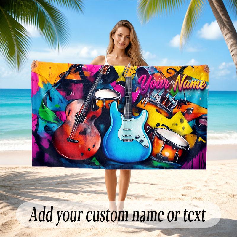 Music Guitar Theme Beach Towel Personalized Custom Name & Text Soft Quick Dry Beach Towel for Swimming Travel