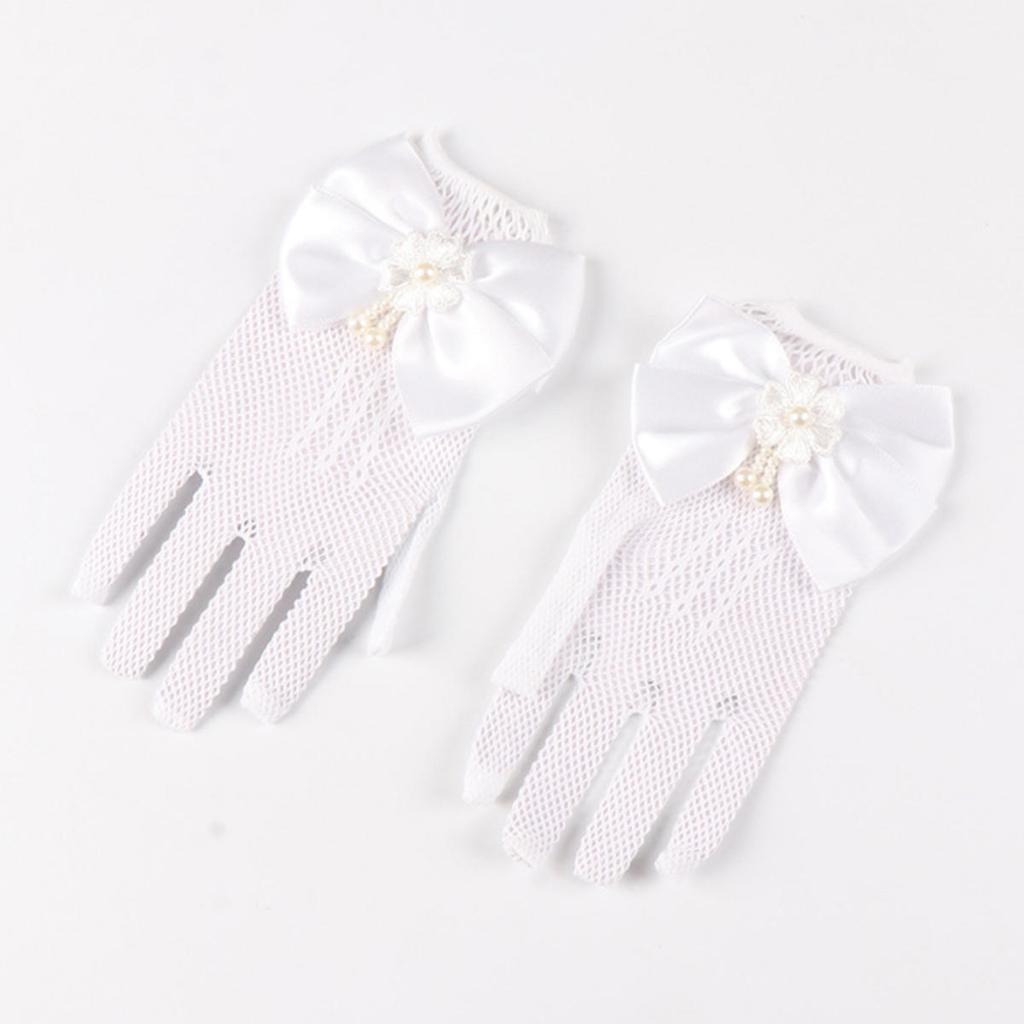 Kids Party Lace Pearl Fishnet Gloves Communion Flower Girl Party Mittens Children's Mittens High Elasticity Mesh Bow Gloves