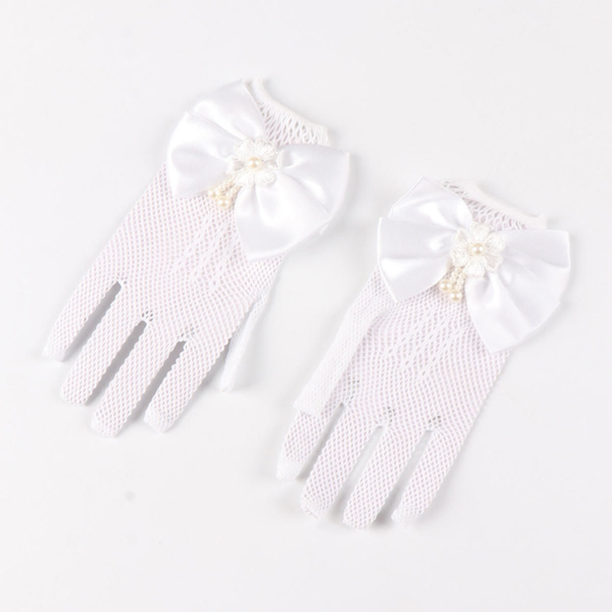 

Детские праздничные кружевные перчатки-сетки с жемчугом, перчатки для причастия, перчатки для вечеринки девочки-цветочницы, детские перчатки, сетчатые перчатки с бантом высокой эластичности one size белый