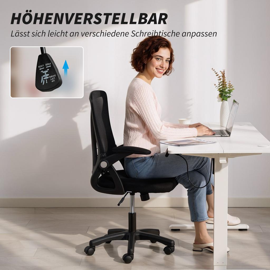 Office Chair Ergonomic Height-Adjustable Desk Chair with Flip-Up Armrests, Lumbar Support, Black