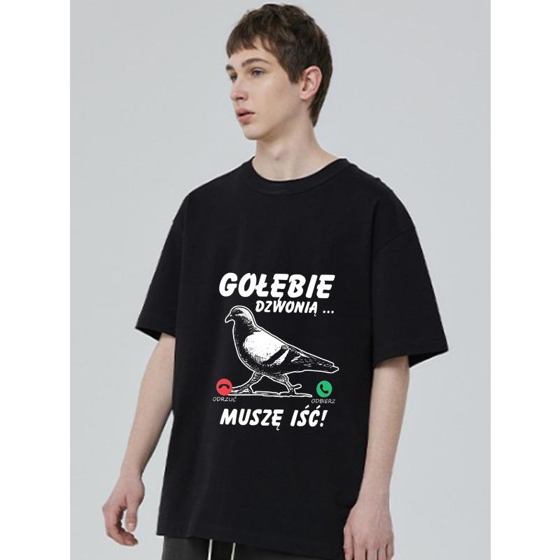 Black T Shirt with Pigeon and Text Design for Casual Wear