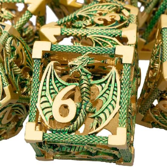 ARUOHHA Hollow DND Dice Set Copper Blue 5-Headed Dragon D and D Dice with Gift Box, Dungeons and Dragons Role Playing Games 7PCS Metal Polyhedral