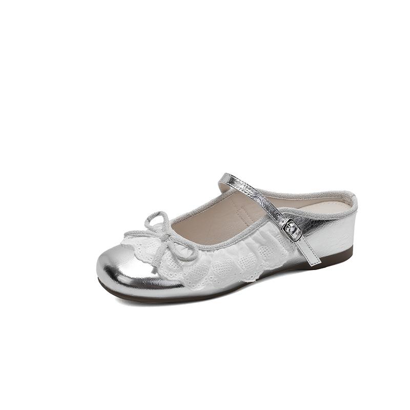 Flats Women's 2025 French Retro Lace Mary Jane Shoes Spring/summer New Shallow Mouth Inner Height Increase Half Drag Women Shoes