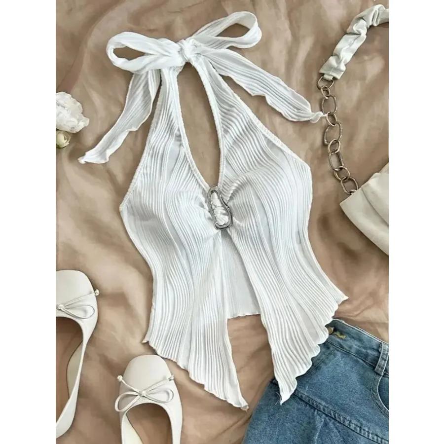 Sexy V-neck Halter Neck Crop Top for Women Summer Sleeveless Solid Split Backless Top Y2K Clothes S белый
