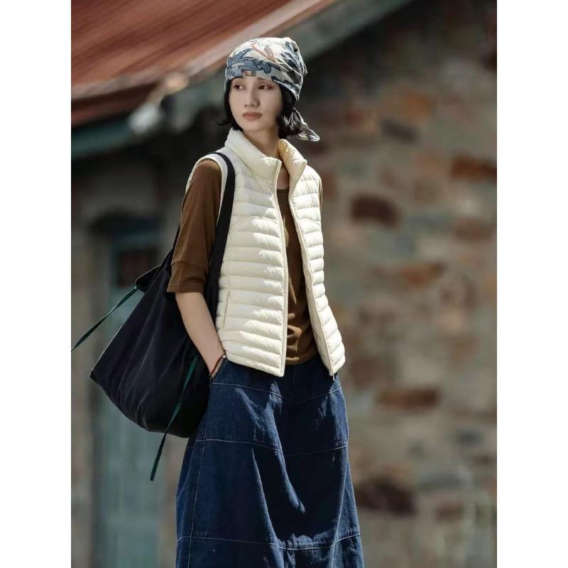 Rib down vest, retro Korean solid color stand-up collar, light and warm, versatile casual sleeveless vest women