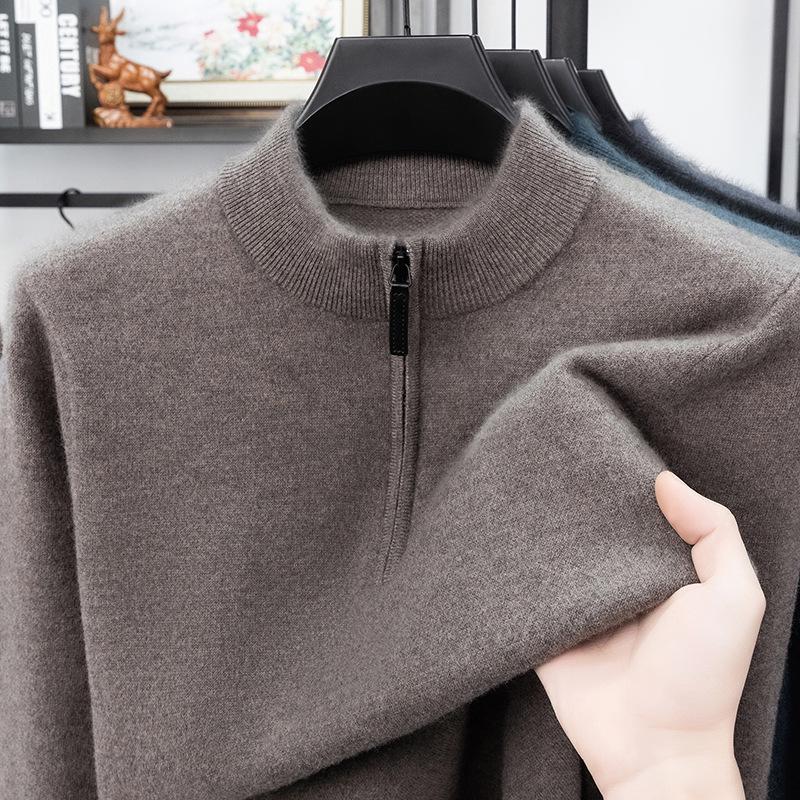 Men's Thick Wool Base Layer Sweater with Half-High Collar and Zipper - Perfect for Autumn and Winter Warmth
