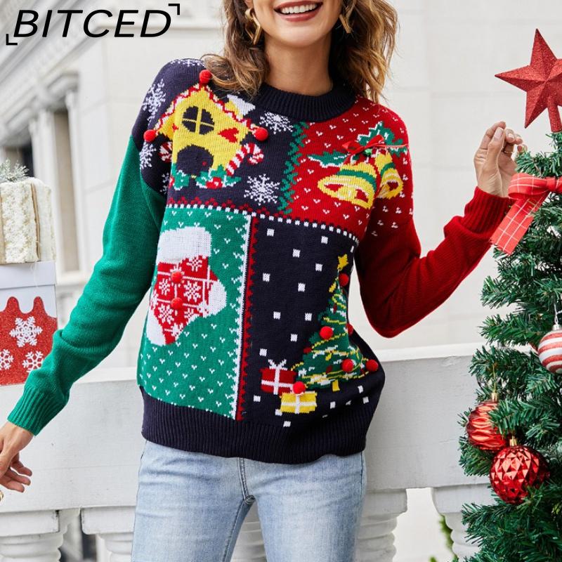 BITCED Women's Snowflake Christmas Jumper Christmas Tree Pullover Knit Sweater Festive Attire