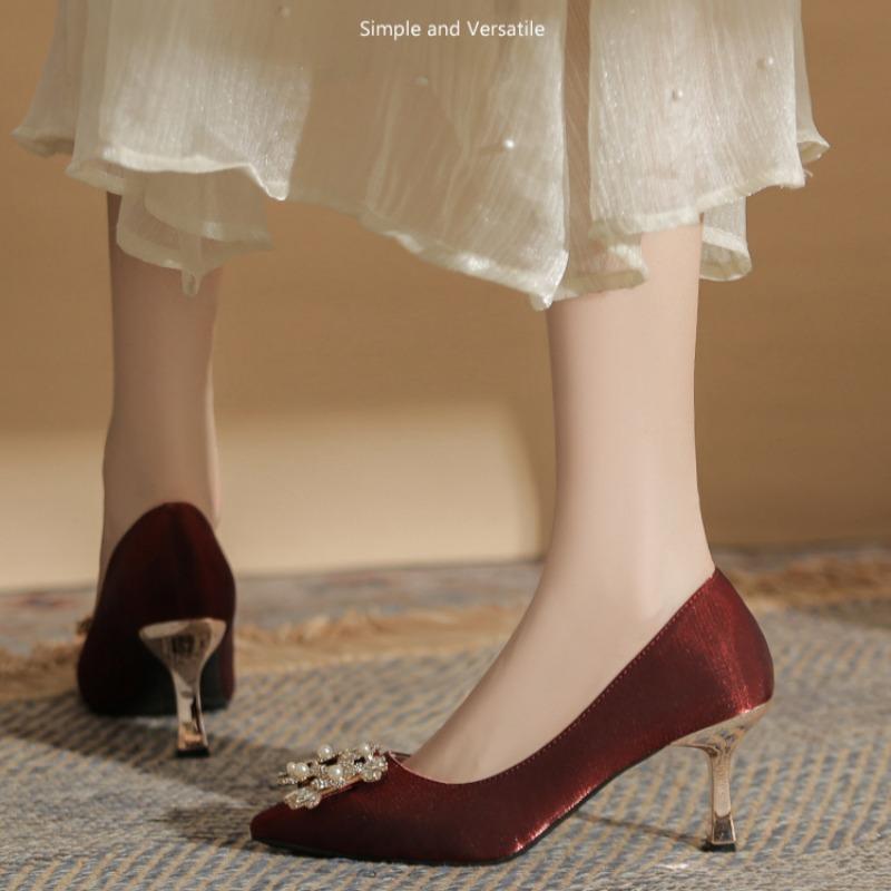 New Pointed High Heels Large Size Plus Wide Women's Shoes Pearl Square Buckle Single Shoes Wedding Shoes