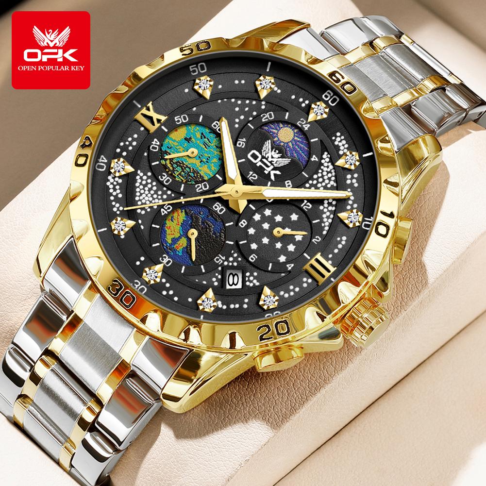 OPK Moon Phase Men's Watches Multi-function Timing Stainleess Steel Luminous Waterproof Watch for Man