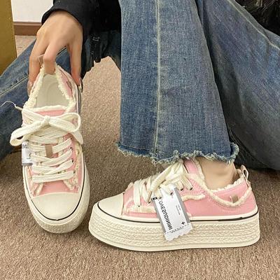 Baskets Roses à Ourlet Effiloché Chaussures Vulcanisées en Toile pour Femmes Espadrilles pour Adolescentes Baskets à Plateforme Épaisse pour Femmes Plimsolls à Fleurs