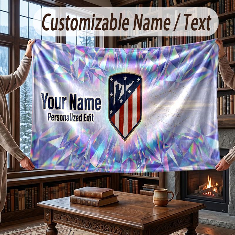 Custom Name Flannel Throw Blanket Atletico Madrid FC Pattern Warm Home Decoration