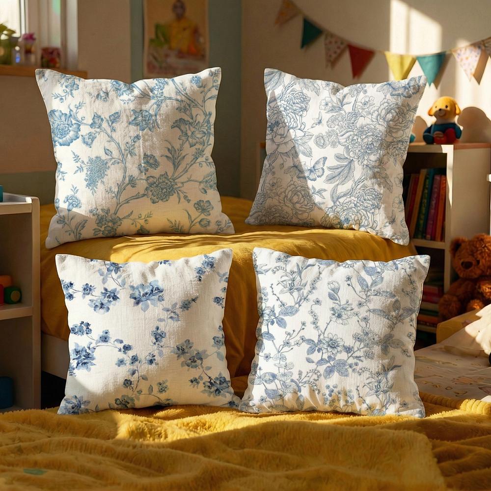 Blue Flower Pattern Cushion Cover Set of Decorative Short Plush Pillow Covers for Sofa Soft Cushion Case X Cm
