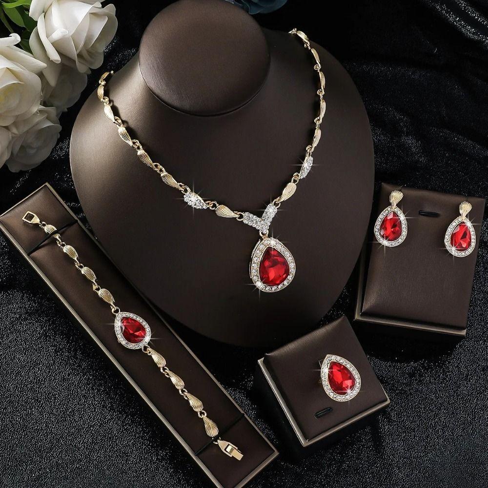 Water Drop Pendant Rhinestone Inlaid Jewelry Set Bracelet Ring Women Jewelry Set  Bridal