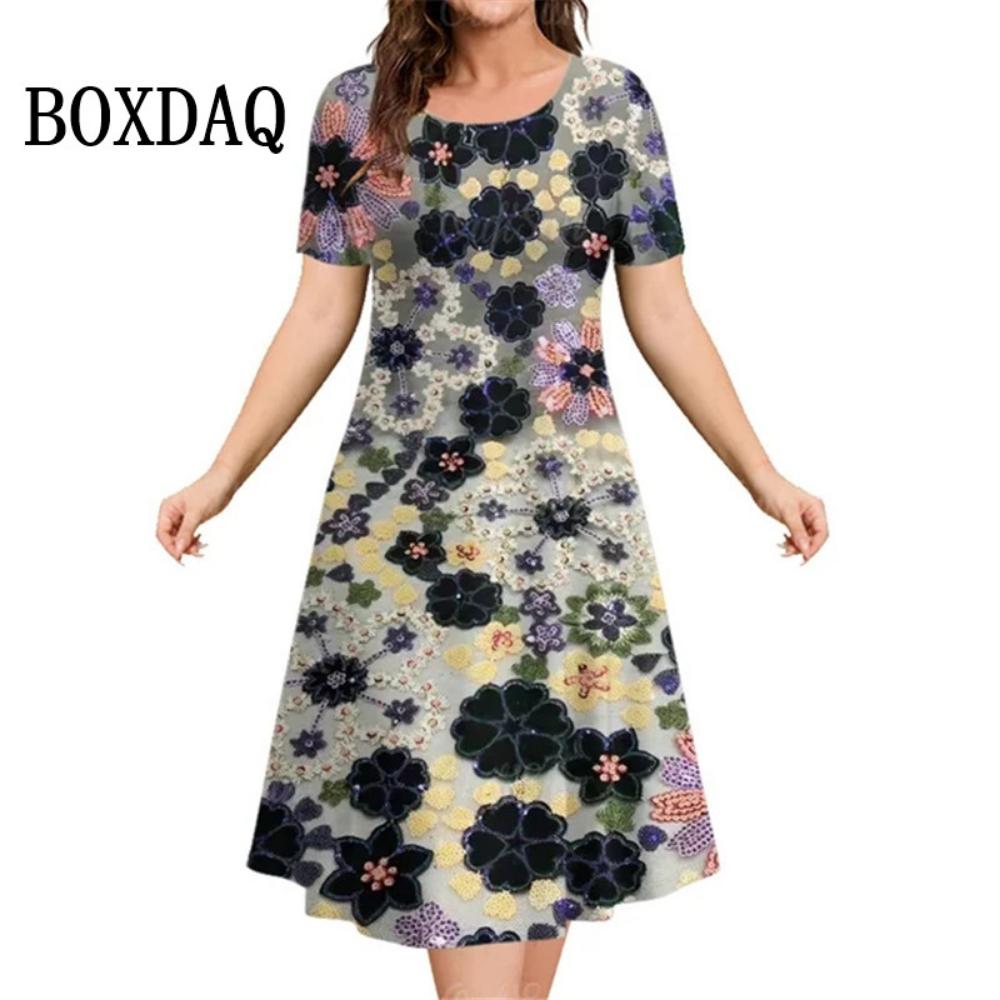 3d Plant Flower Print Women's Dress 2026 Summer Short-sleeved Clothing Casual Loose Retro Dress