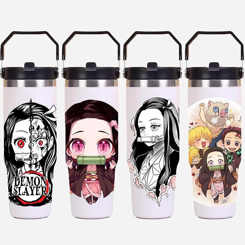 30oz Anime Portable Car Cup Stainless Steel Thermos Cup with Straw Travel Sport Water Bottle Handle Cover Coffee Vacuum Flask