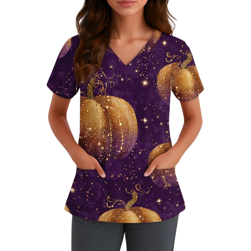 Women V Neck Short Sleeve Work Shirt with Pocket Halloween Printed Top for Nurse Healthcare Uniform Scrub Top