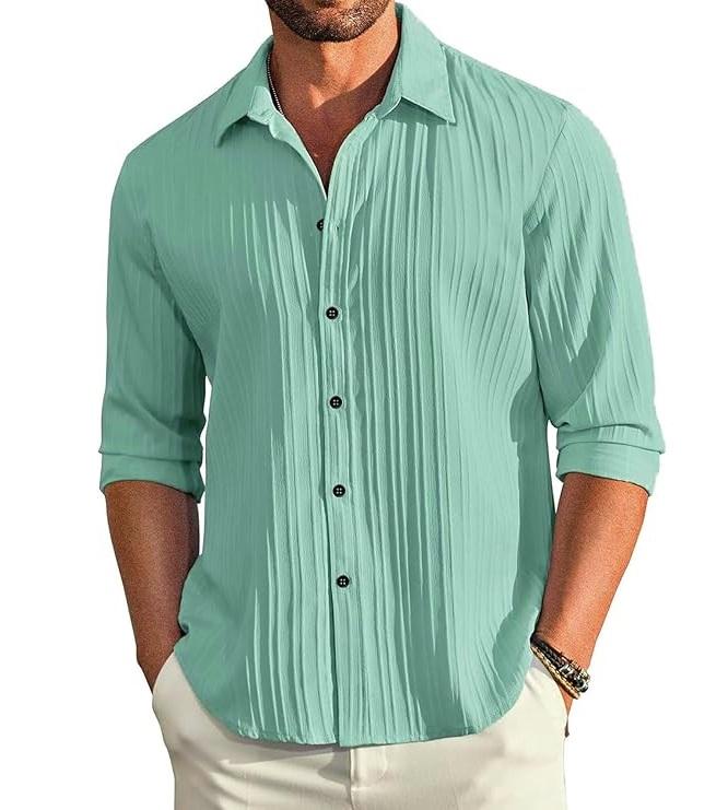 Men's Casual Button Down Shirts Long Sleeve Linen Shirt Fashion Textured Beach Summer Shirt