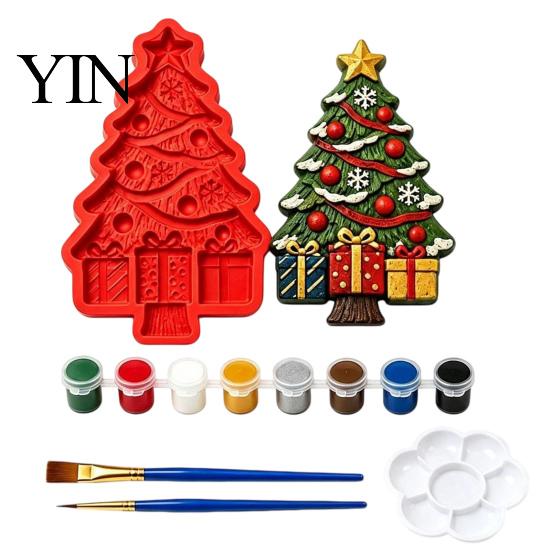 Holiday Party Decorative Crafts Christmas Tree Mold Craft Kit, DIY Casting Painting Kit with Paints Palette And Home Decor Projects Brush, Paint Your