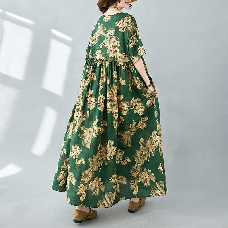 Simple Bohemian Print Dress Short Sleeve Round Neck Summer New Style Elegant Feel Long Dresses Women's Clothing