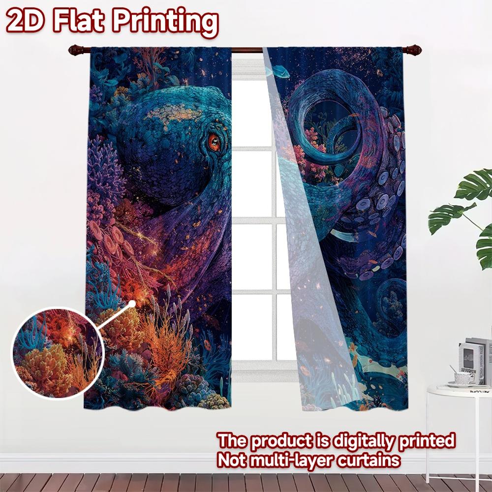 2D FLAT PRINTING 2pcs Curtains (Without Rod) Colorful Ocean Octopus Creative Popular Curtains Versatile 100% Polyester Curtains