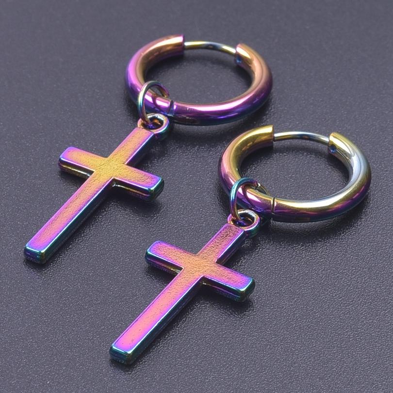 Fashion Cross Charm Earrings Rainbow Color Stainless Steel Round Hoops Religious Jewelry Ear Piercing Earring For Women Men Gift