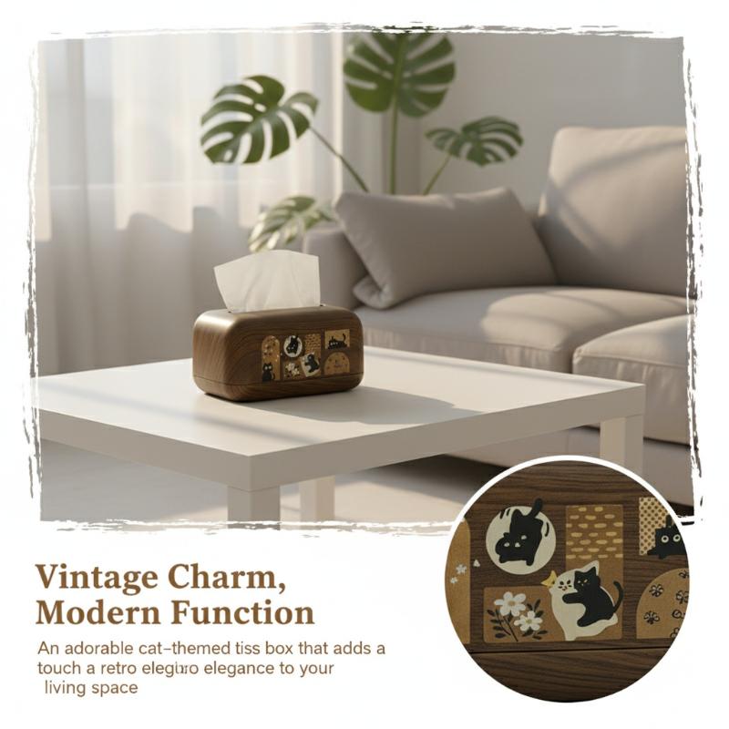 Vintage Simple Walnut Color Tissue Box Household Cat Wood Living Room Storage Carton Wooden Tissue Storage Box