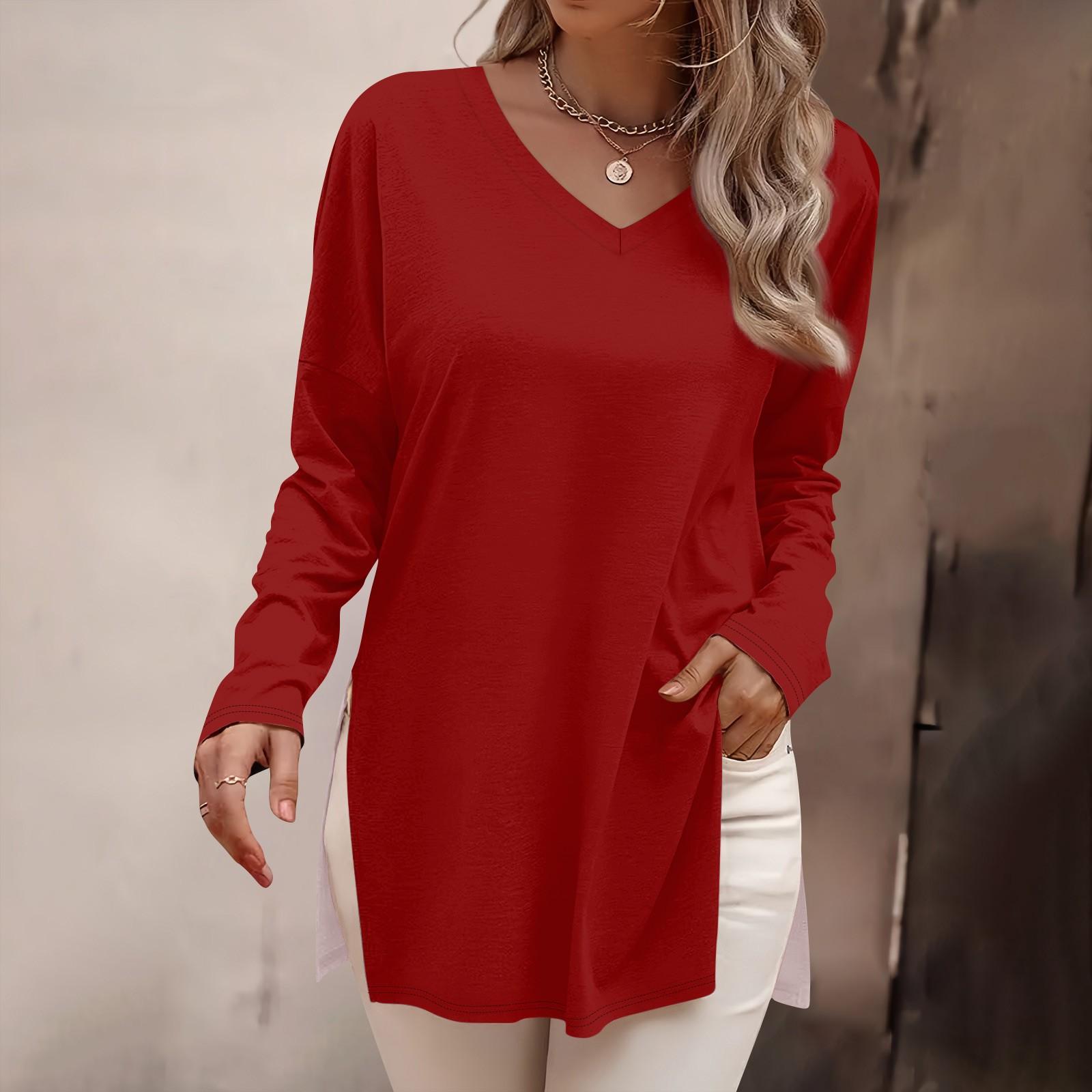 

Женская мода рубашки с длинным рукавом свободные облегающие V-образные вырезы базовые топы повседневные наряды XXXL красный