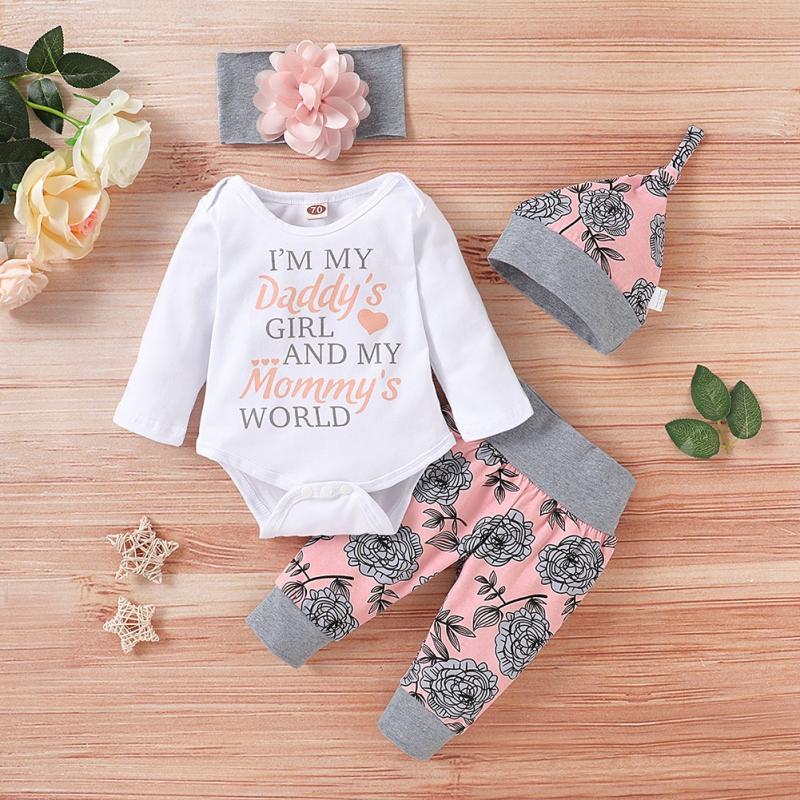 Baby Girl Clothing Newborn Children Baby Girls Outfits Clothes Romper Bodysuit+Flower Printed Pants+Headband+Hat Set
