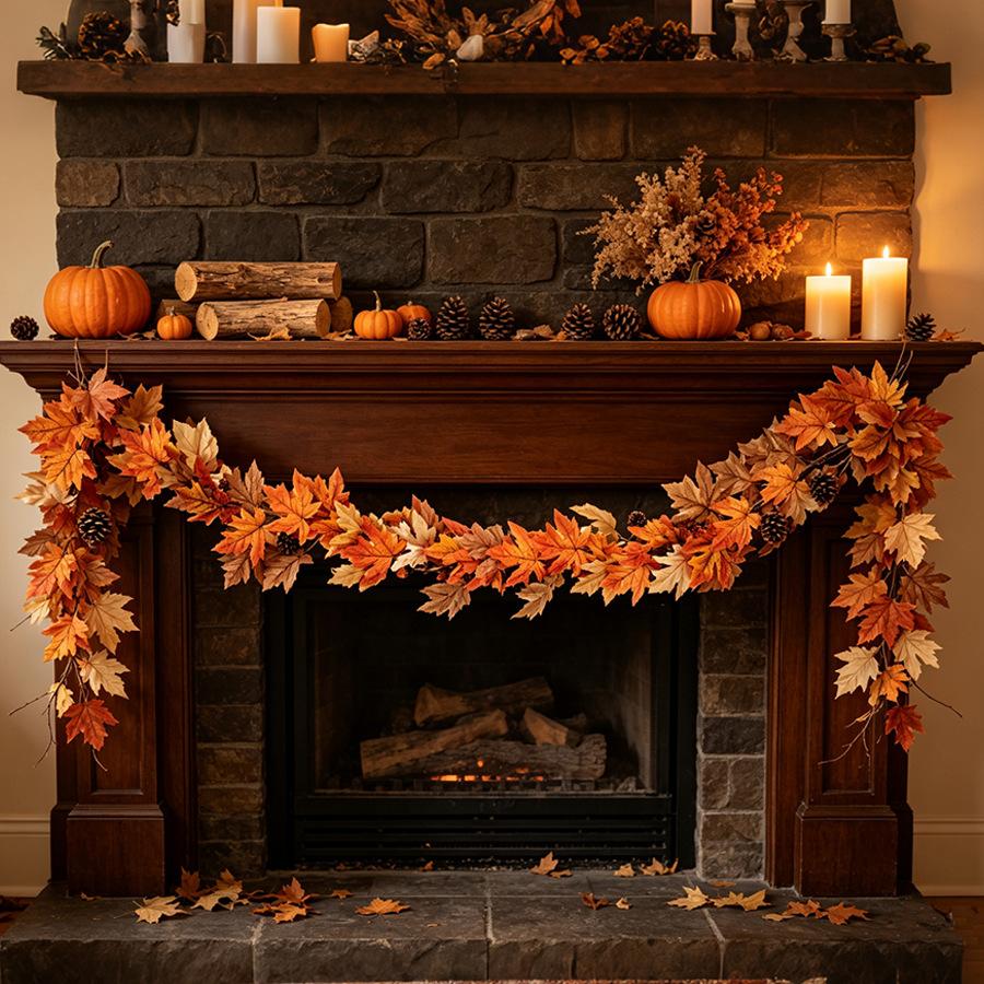 Artificial Maple Leaf Garland for Fall Thanksgiving Decor - Faux Wreath for Front Door Hanging