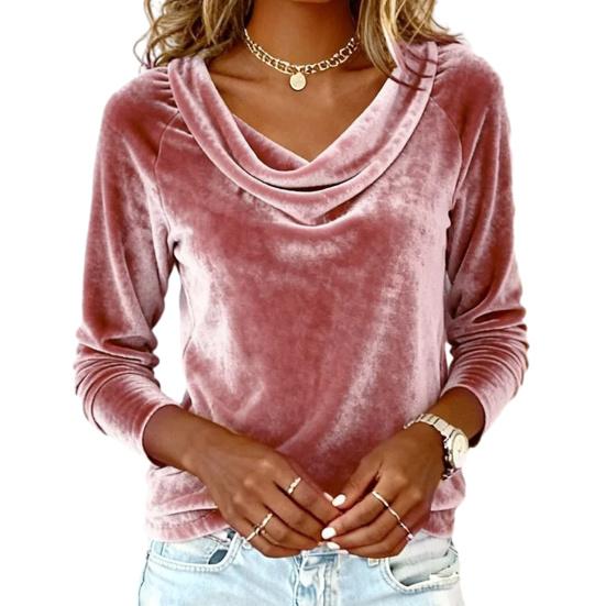 Women Tops Swing Collar Long Sleeve Velvety Fabric Solid Color Pullover Tops Golden Velvet Casual Blouse Office Date Wear