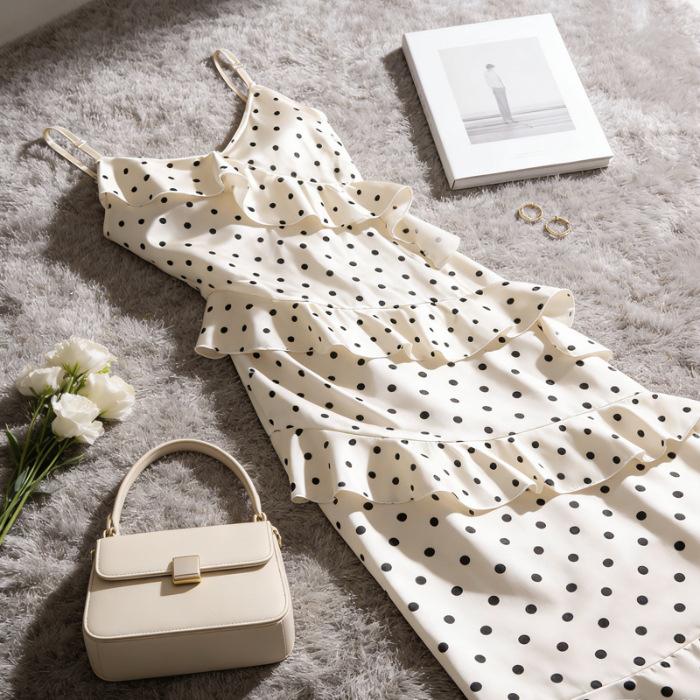 Spring and summer new waist thin pure desire lotus leaf edge thin long skirt French polka dot suspender dress women