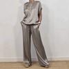 Conjunto de 2 piezas de blusa y pantalón para mujer, de satén, con cuello redondo, manga corta, pierna ancha, cintura elástica, pantalones con bolsillos, ropa informal diaria holgada