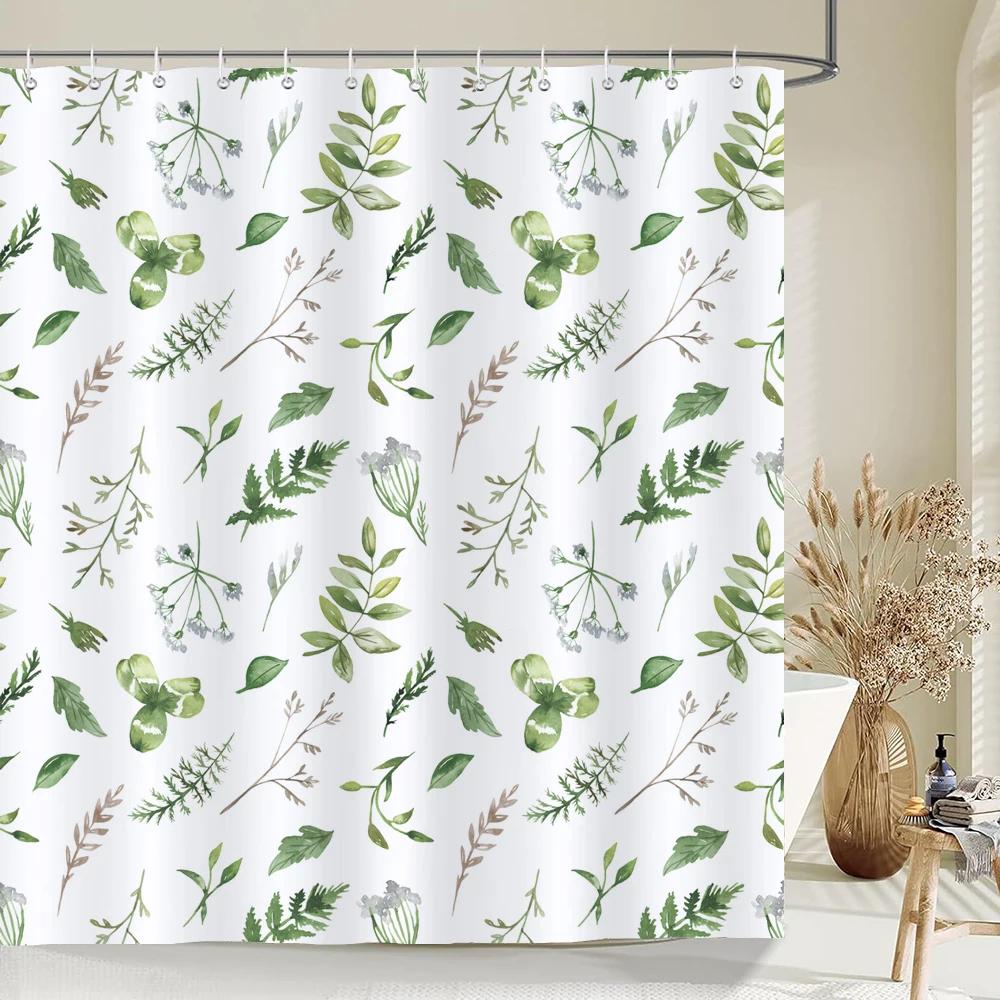 Green Plant Leaves Print Shower Curtains Watercolor Boho Floral Waterproof Morden Bathroom Bathtub Curtain Room Decor With Hooks