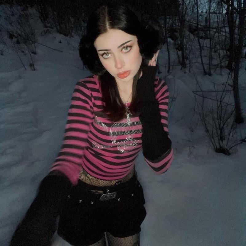 Large Size Loose Elastic Long Sleeve T-shirt Women's Striped Korean Style Velvet Bottoming Shirt Inner Wear