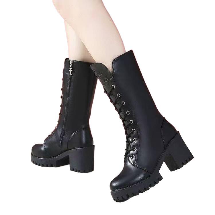 Coarse heel Martin boots women's velvet medium boots autumn and winter new British high heel versatile women's boots fashion single boots