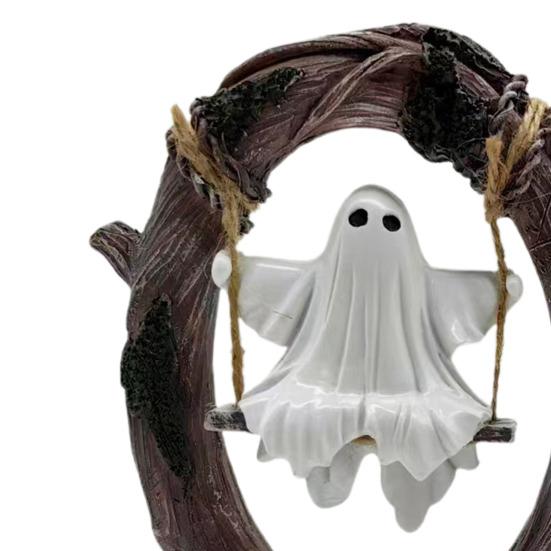 Halloween Ghost on Tree Swing Figurine Swinging Cartoon Ghost Statue Ornament Home Office Garden Patio Lawn Bookshelf Desktop Decoration