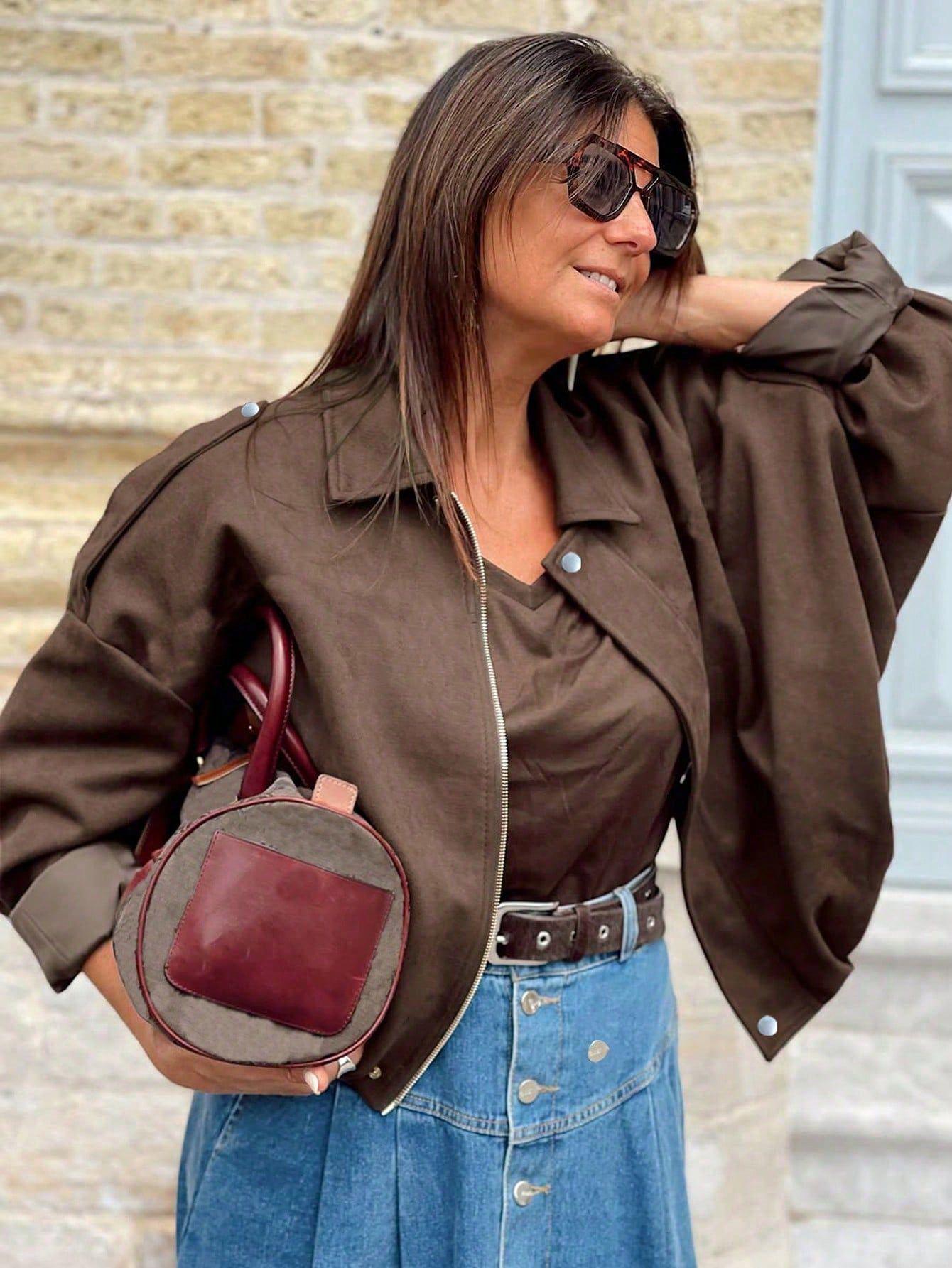 

Women s Faux Suede Turn-Down Collar Jacket - Elegant, Versatile, Loose-Fit, Long-Sleeved, Lined, Zip-Up Style. S кавовий