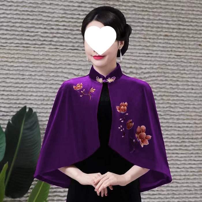 Elegant Women's Embroidered Gold Velvet Qipao Shawl Jacket Cape