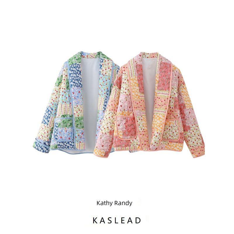 Kaslead New Arrival Women's Clothing Fashion Style Fashion All-Match V Neck Print Cardigan Cotton Coat Jacket