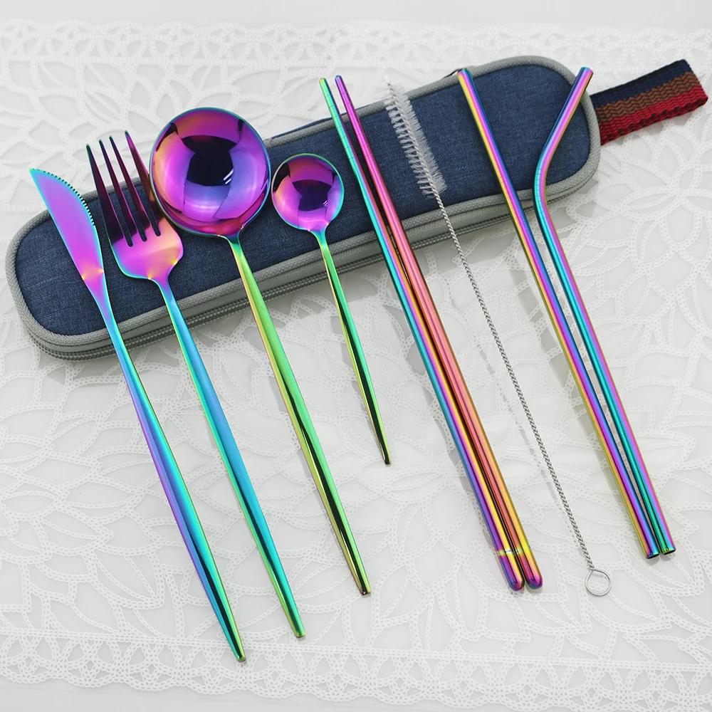 9pcs/Set Travel Cutlery Set Portable Gold Dinnerware Set Stainless Steel Tableware Set With Metal Straw Brush Chopsticks Bag