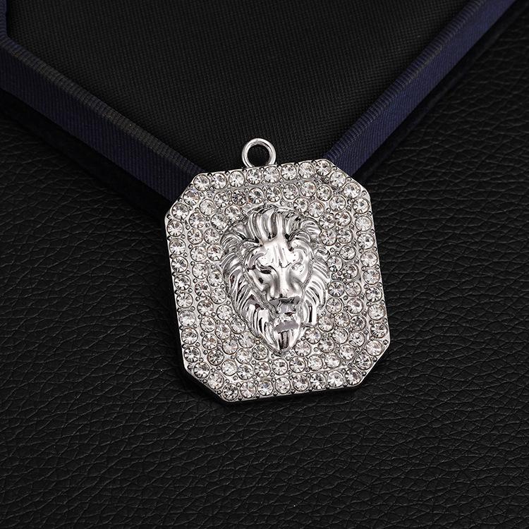 2025 Fashionable European & American Hip Hop Lion Head Necklace with Full Diamond Square Pendant