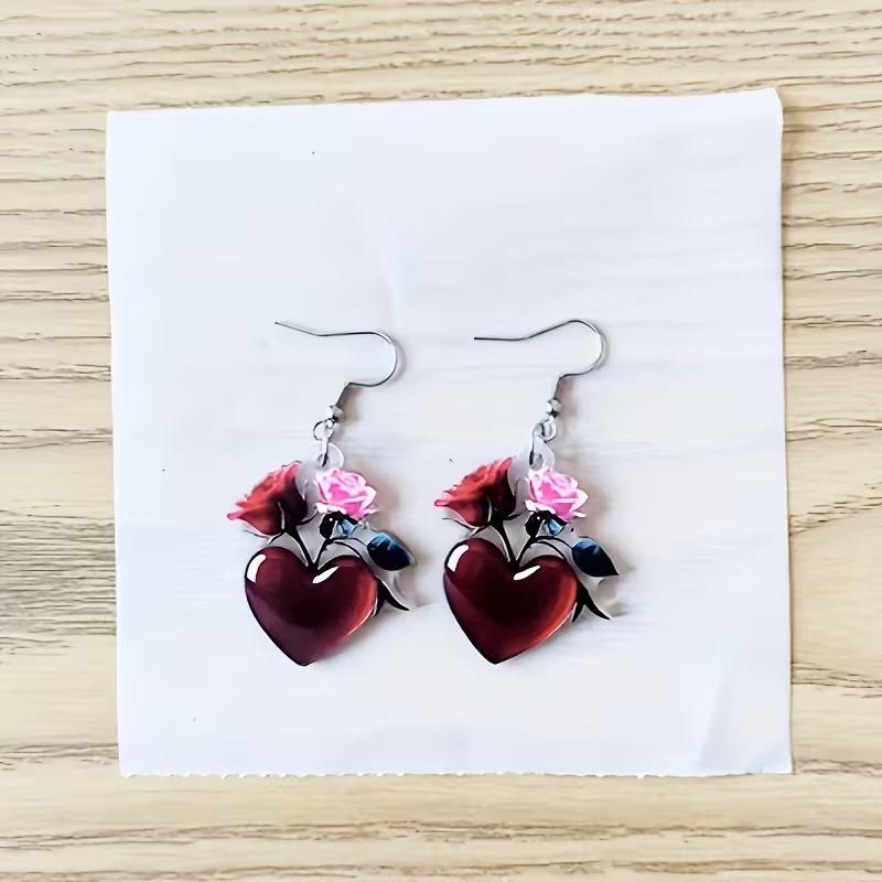 Blood Red Heart Rose Acrylic Earrings - Valentine's Day