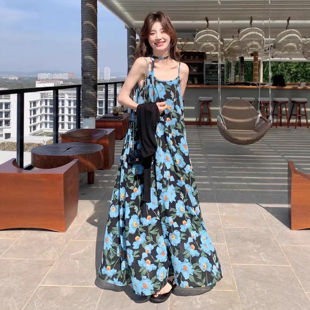 Blue Floral Strappy Chiffon Dress - Women's 2026 Summer Elegant Beach Style