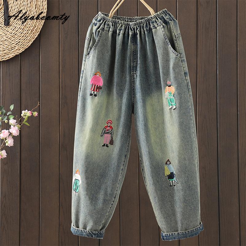 

Весна Осень Женские Стильные Джинсы Харем с Высокой Посадкой, Мультяшной Вышивкой, Джинсовые Капри с Ретро Повседневным Свободным Базовым Кроем M