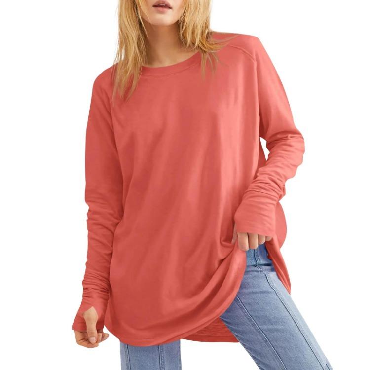 Loose Long Sleeve T Shirt Women Solid Round Neck Medium Top Thumb Hole
