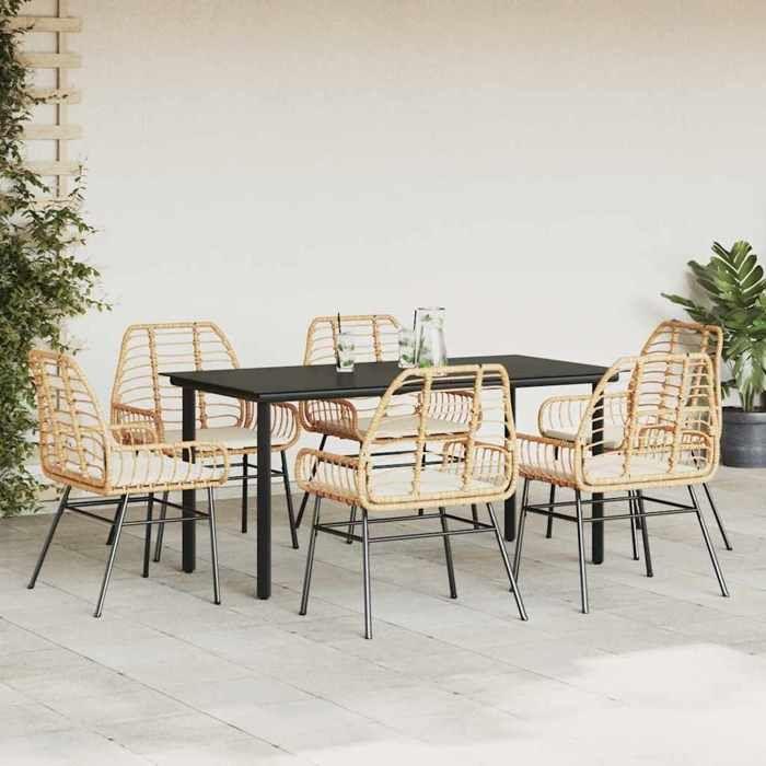 VidaXL Garden Dining Set Cushions 7pcs Brown Poly Rattan Glass, Outdoor Dining Set, Dining Furniture of 3334559