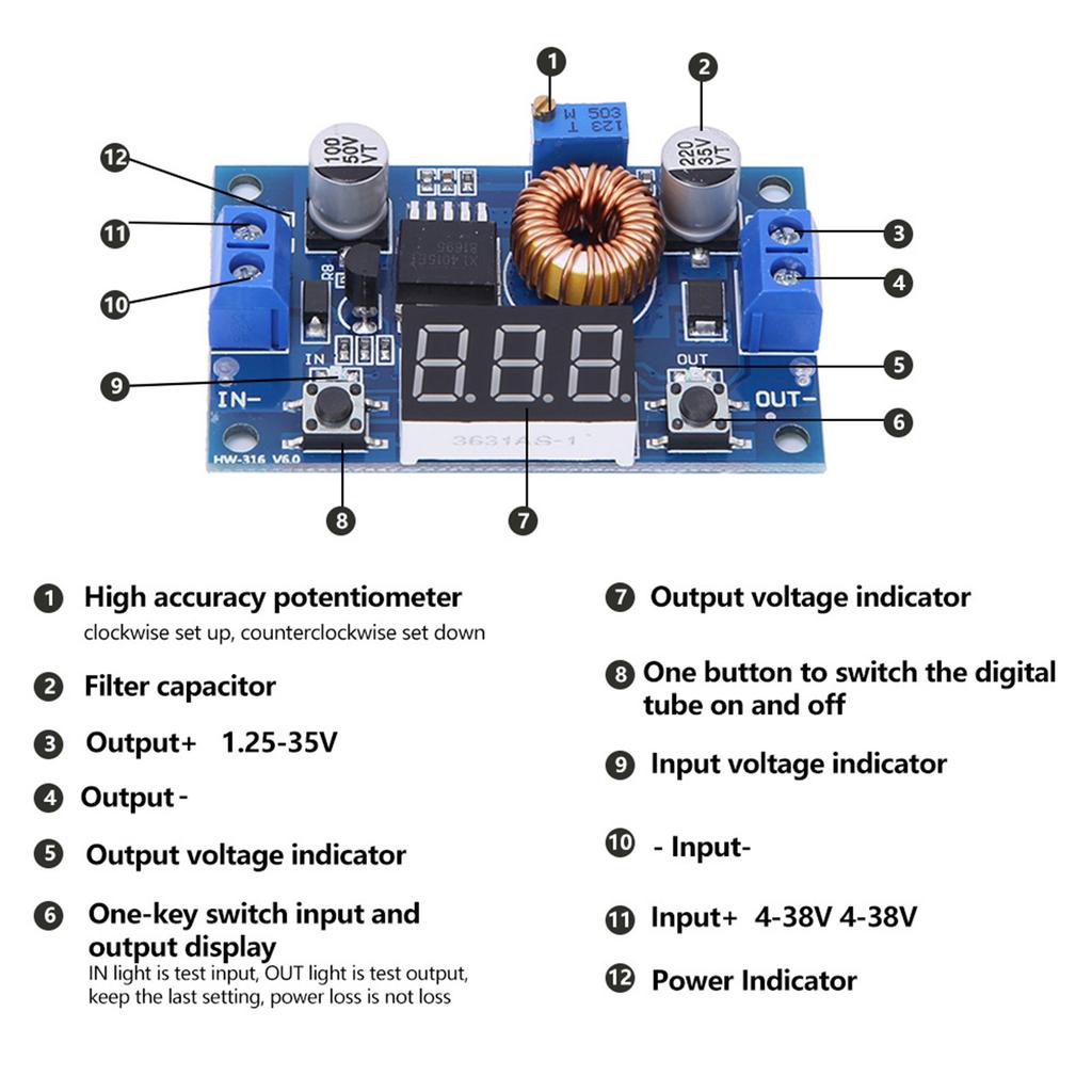 XL4015 Module High Conversion Efficiency Adjustable DCDC Buck with Voltage Meter Display 75W