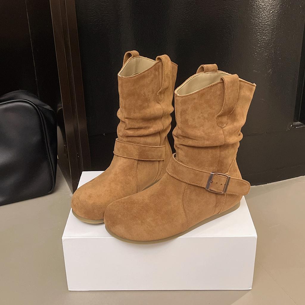 Fashion Retro Stacked Boots Internal Height 3cm Women Autumn Shoes Suede Flat Bottom Casual Slip on Metal Buckle Soft Ankle Boots Female