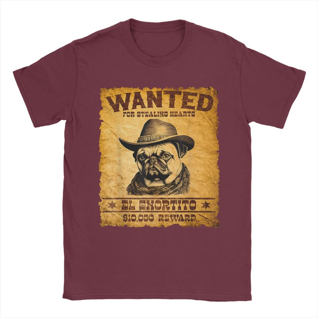 Summer Wanted Poster Cute Western Cowboy Pug Dog Hip Hop T-Shirts 100% Cotton Tee Shirt Custom Logo Short Sleeve Clothes